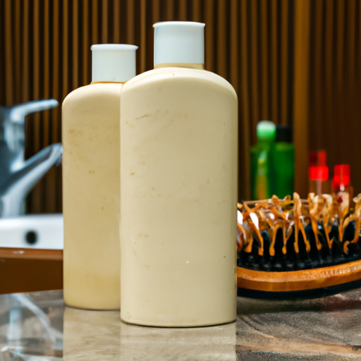 תמונת תקריב של בקבוק שמפו ומרכך על משטח אמבטיה מרוצף עם מברשת שיער ברקע.